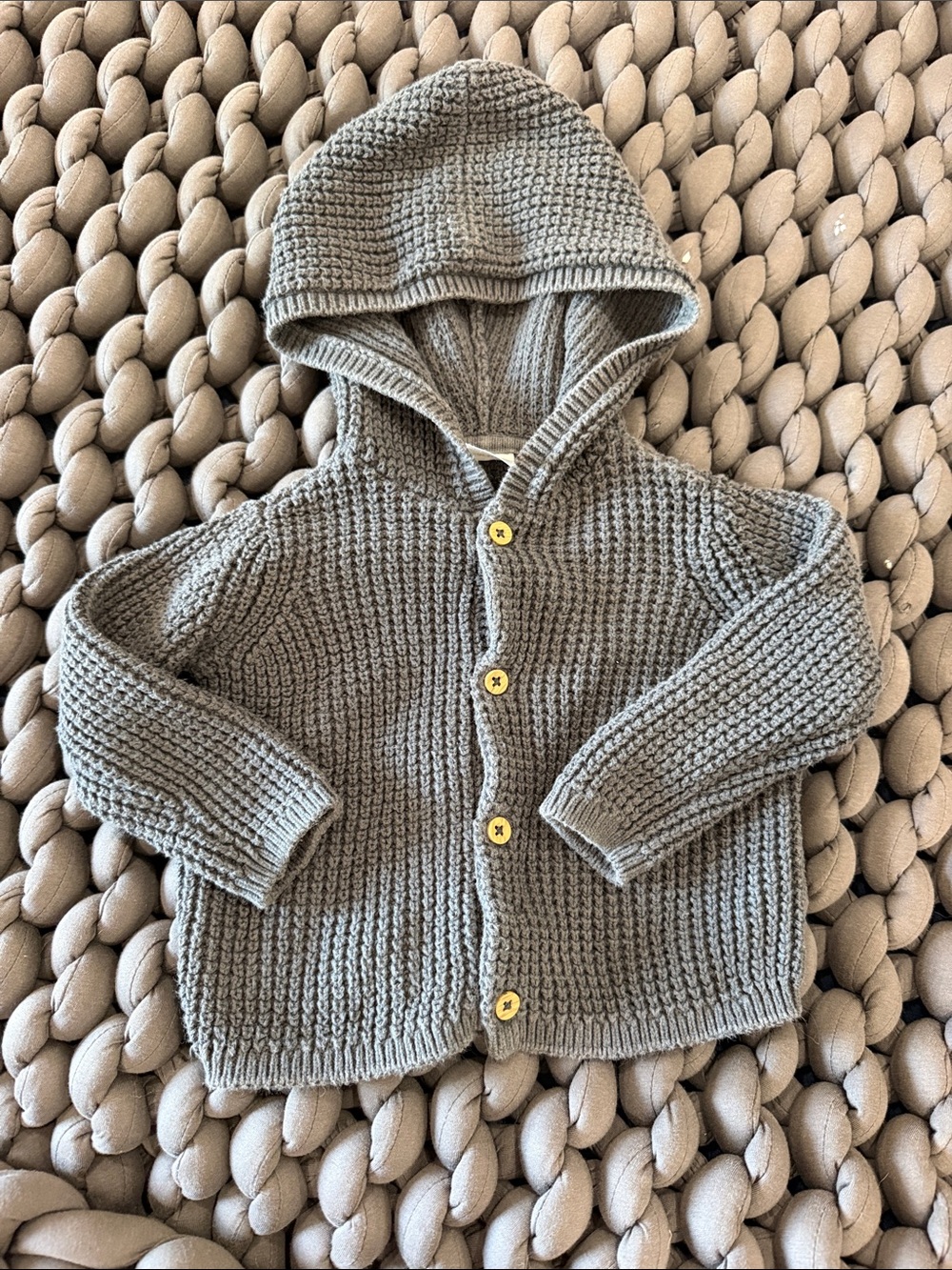 Carter's Light Gray Hooded Knit Cardigan with Yellow Buttons
